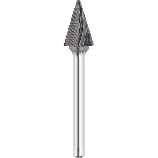 Made in USA - 1/4" Cut Diam, 1/4" Shank Diam, Cone Head Single Cut Burr - Carbide, 1-1/4" LOC, 2" OAL - USA Tool & Supply