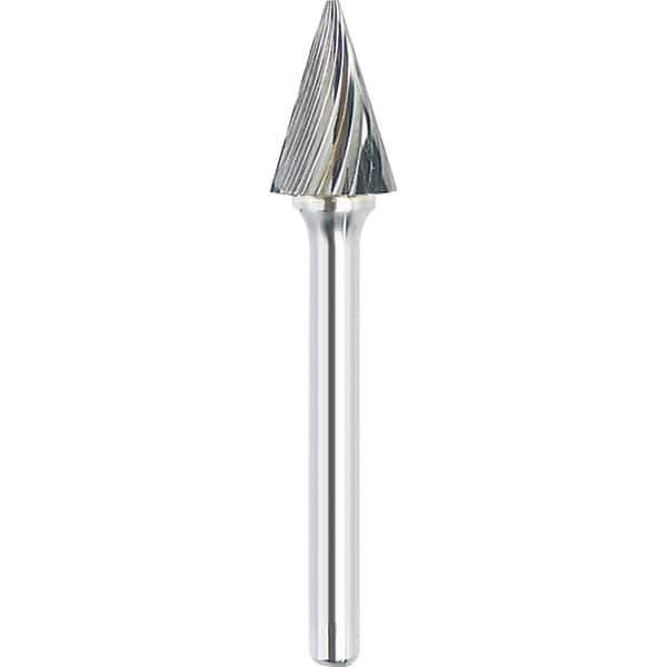 Made in USA - 3/8" Cut Diam, 1/4" Shank Diam, Cone Head Single Cut Burr - Carbide, 5/8" LOC, 2-1/2" OAL - USA Tool & Supply