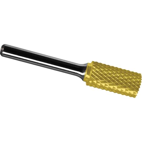 Made in USA - 7/16" Cut Diam, 1/4" Shank Diam, Cylinder with End Cut Head Diamond Cut Burr - Carbide, 1" LOC, 2-3/4" OAL - USA Tool & Supply