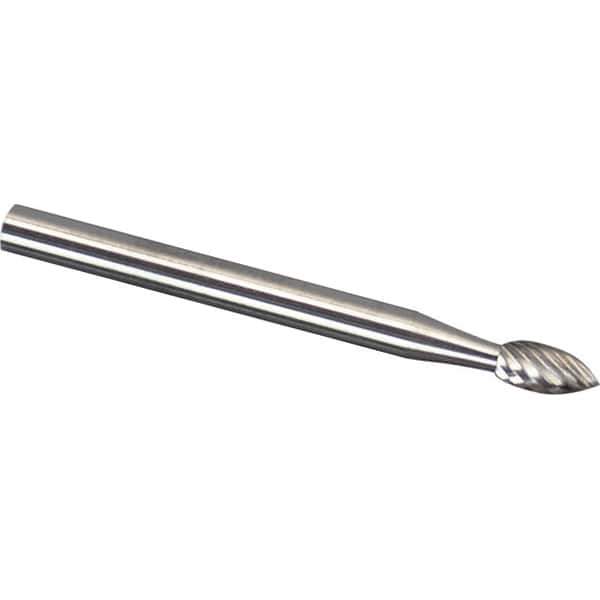 Made in USA - 1/8" Cut Diam, 1/8" Shank Diam, Flame Head Double Cut Burr - Carbide, Radius End, 1/4" LOC, 1-1/2" OAL - USA Tool & Supply