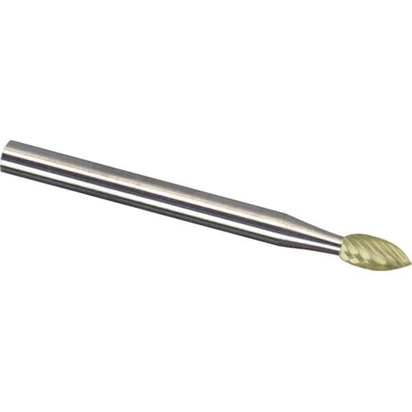 Made in USA - 3mm Cut Diam, 0.1181" Shank Diam, Flame Head Double Cut Burr - Carbide, 6.3mm LOC, 75mm OAL - USA Tool & Supply