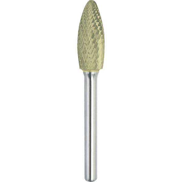Made in USA - 5/8" Cut Diam, 1/4" Shank Diam, Flame Head Double Cut Burr - Carbide, 1-7/16" LOC, 3-3/16" OAL - USA Tool & Supply