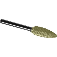 Made in USA - 3/4" Cut Diam, 1/4" Shank Diam, Flame Head Diamond Cut Burr - Carbide, 1-5/8" LOC, 3-3/8" OAL - USA Tool & Supply