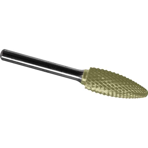 Made in USA - 19mm Cut Diam, 0.2362" Shank Diam, Flame Head Diamond Cut Burr - Carbide, 41mm LOC, 86mm OAL - USA Tool & Supply