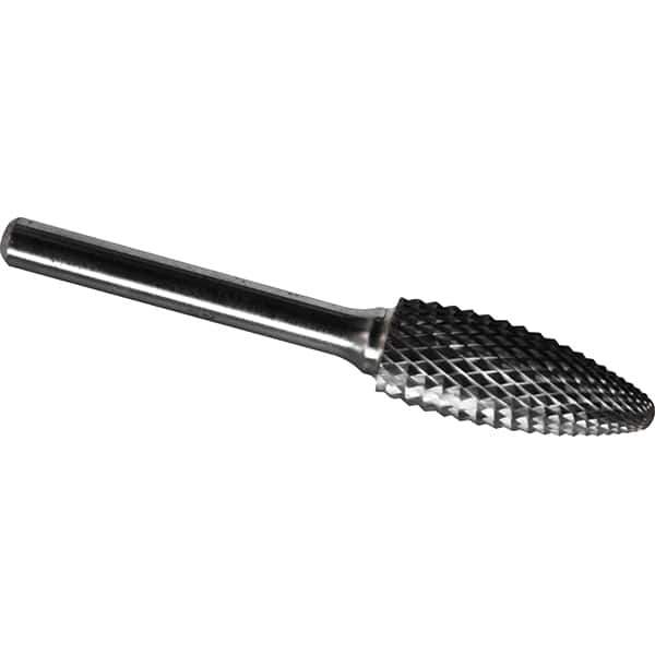 Made in USA - 5/8" Cut Diam, 1/4" Shank Diam, Flame Head Diamond Cut Burr - Carbide, 1-7/16" LOC, 3-3/16" OAL - USA Tool & Supply