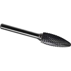 Made in USA - 3/4" Cut Diam, 1/4" Shank Diam, Flame Head Diamond Cut Burr - Carbide, 1-5/8" LOC, 3-3/8" OAL - USA Tool & Supply