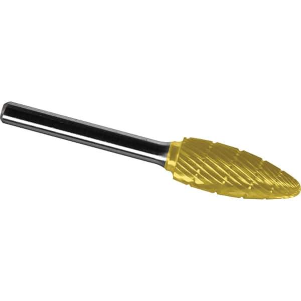 Made in USA - 5/8" Cut Diam, 1/4" Shank Diam, Flame Head Chipbreaker Cut Burr - Carbide, 1-7/16" LOC, 3-3/16" OAL - USA Tool & Supply