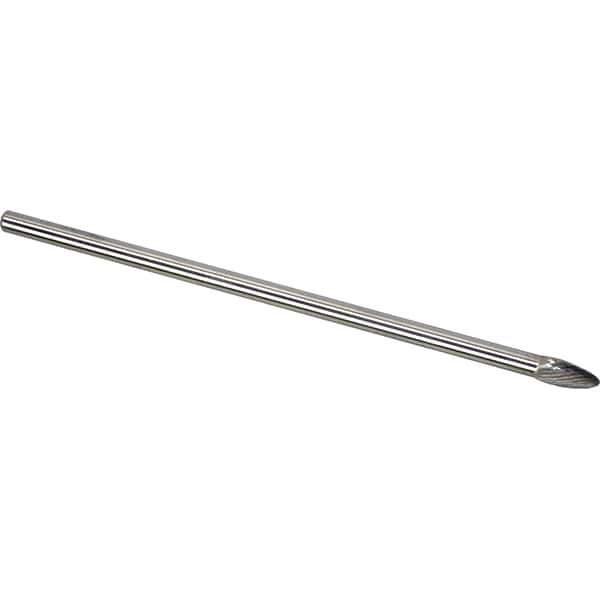 Made in USA - 1/4" Cut Diam, 1/4" Shank Diam, Flame Head Single Cut Burr - Carbide, 1/2" LOC, 6" OAL - USA Tool & Supply