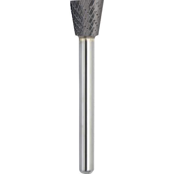 Made in USA - 1/2" Cut Diam, 1/4" Shank Diam, Inverted Cone Head Double Cut Burr - Carbide, 1/2" LOC, 2-1/4" OAL - USA Tool & Supply