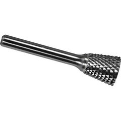 Made in USA - 3/8" Cut Diam, 1/4" Shank Diam, Inverted Cone Head Diamond Cut Burr - Carbide, 3/8" LOC, 2-1/8" OAL - USA Tool & Supply