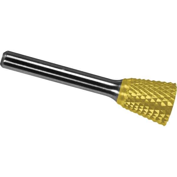 Made in USA - 16mm Cut Diam, 0.2362" Shank Diam, Inverted Cone Head Diamond Cut Burr - Carbide, 19mm LOC, 64mm OAL - USA Tool & Supply