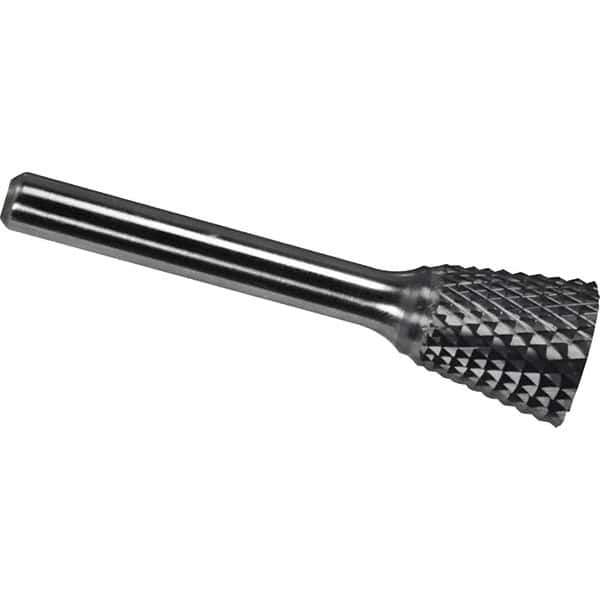 Made in USA - 5/8" Cut Diam, 1/4" Shank Diam, Inverted Cone Head Diamond Cut Burr - Carbide, 5/8" LOC, 2-3/8" OAL - USA Tool & Supply