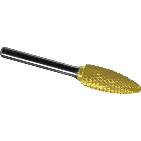 Made in USA - 5/8" Cut Diam, 1/4" Shank Diam, Flame Head Diamond Cut Burr - Carbide, 1-7/16" LOC, 3-3/16" OAL - USA Tool & Supply