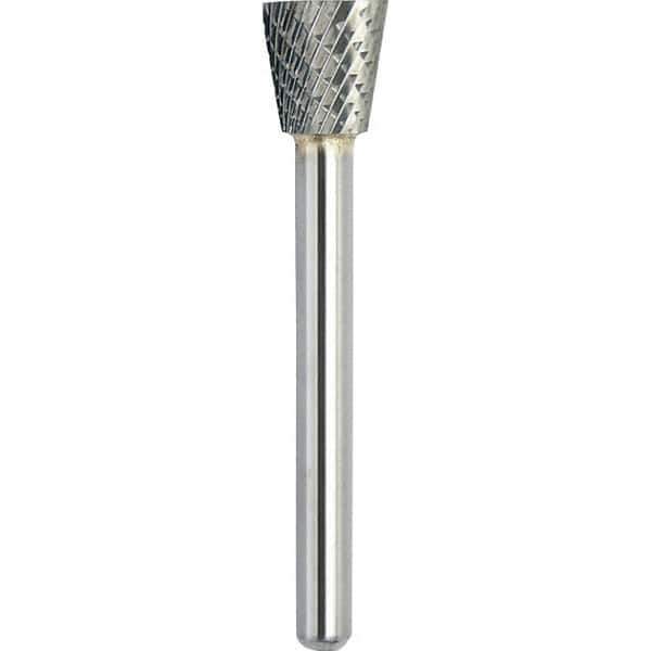 Made in USA - 3/4" Cut Diam, 1/4" Shank Diam, Inverted Cone Head Double Cut Burr - Carbide, 5/8" LOC, 2-3/8" OAL - USA Tool & Supply