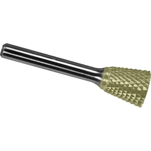 Made in USA - 5/8" Cut Diam, 1/4" Shank Diam, Inverted Cone Head Diamond Cut Burr - Carbide, 5/8" LOC, 2-3/8" OAL - USA Tool & Supply