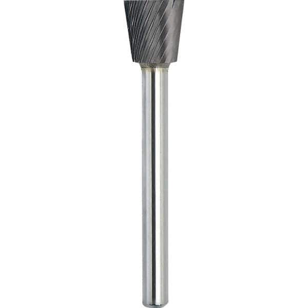 Made in USA - 1/2" Cut Diam, 1/4" Shank Diam, Inverted Cone Head Single Cut Burr - Carbide, 1/2" LOC, 2-1/4" OAL - USA Tool & Supply