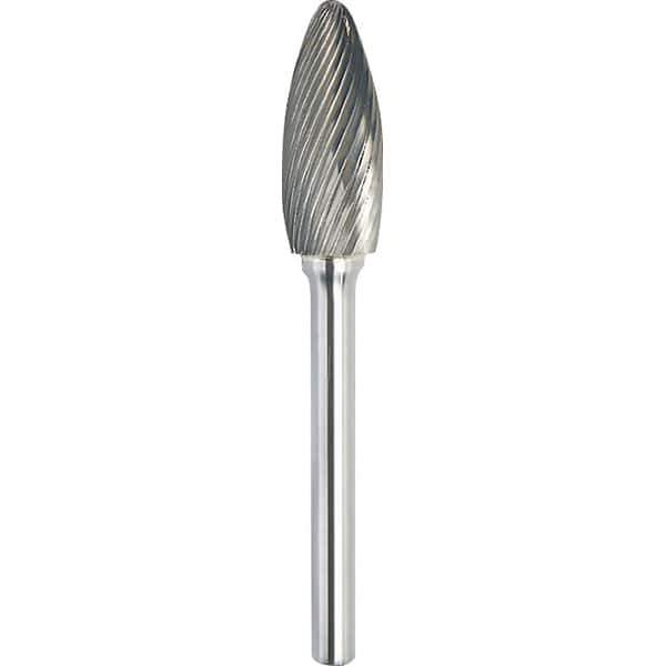 Made in USA - 1/2" Cut Diam, 1/4" Shank Diam, Flame Head Single Cut Burr - Carbide, 1-1/4" LOC, 3" OAL - USA Tool & Supply