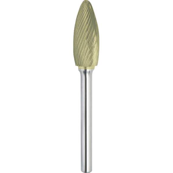 Made in USA - 3/4" Cut Diam, 1/4" Shank Diam, Flame Head Single Cut Burr - Carbide, 1-5/8" LOC, 3-3/8" OAL - USA Tool & Supply