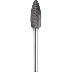 Made in USA - 1/2" Cut Diam, 1/4" Shank Diam, Flame Head Single Cut Burr - Carbide, 1-1/4" LOC, 3" OAL - USA Tool & Supply
