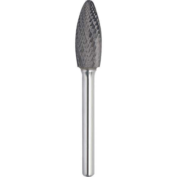Made in USA - 3/4" Cut Diam, 1/4" Shank Diam, Flame Head Double Cut Burr - Carbide, 1-5/8" LOC, 3-3/8" OAL - USA Tool & Supply