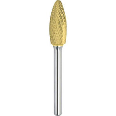 Made in USA - 5/8" Cut Diam, 1/4" Shank Diam, Flame Head Double Cut Burr - Carbide, 1-7/16" LOC, 3-3/16" OAL - USA Tool & Supply