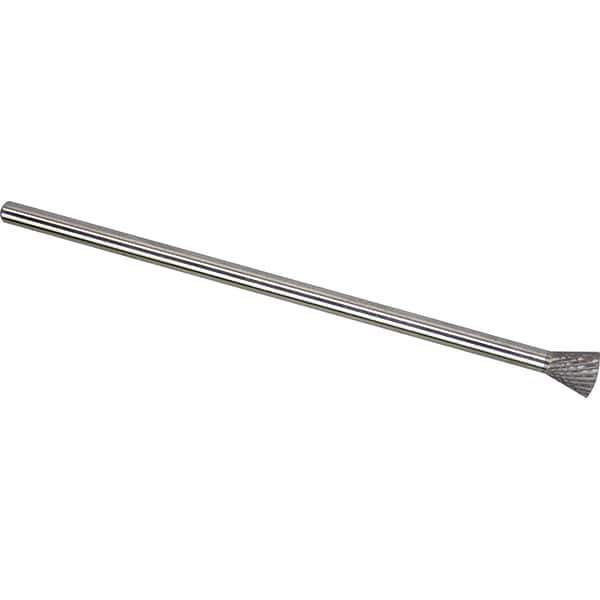 Made in USA - 1/2" Cut Diam, 1/4" Shank Diam, Inverted Cone Head Double Cut Burr - Carbide, 1/2" LOC, 6-1/2" OAL - USA Tool & Supply