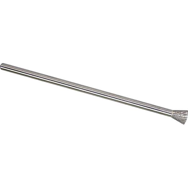 Made in USA - 1/2" Cut Diam, 1/4" Shank Diam, Inverted Cone Head Double Cut Burr - Carbide, 1/2" LOC, 6-1/2" OAL - USA Tool & Supply