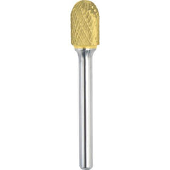 Made in USA - 1/2" Cut Diam, 1/4" Shank Diam, Cylinder with Radius Head Double Cut Burr - Carbide, 1" LOC, 2-3/4" OAL - USA Tool & Supply