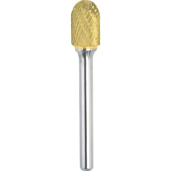 Made in USA - 1" Cut Diam, 1/4" Shank Diam, Cylinder with Radius Head Double Cut Burr - Carbide, 1" LOC, 2-3/4" OAL - USA Tool & Supply
