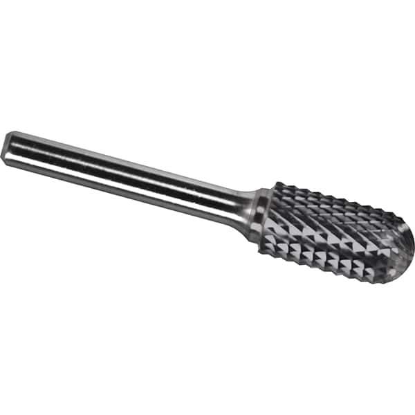 Made in USA - 7/16" Cut Diam, 1/4" Shank Diam, Cylinder with Radius Head Diamond Cut Burr - Carbide, 1" LOC, 2-3/4" OAL - USA Tool & Supply