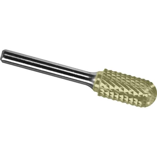 Made in USA - 3/4" Cut Diam, 1/4" Shank Diam, Cylinder with Radius Head Diamond Cut Burr - Carbide, 1" LOC, 2-3/4" OAL - USA Tool & Supply