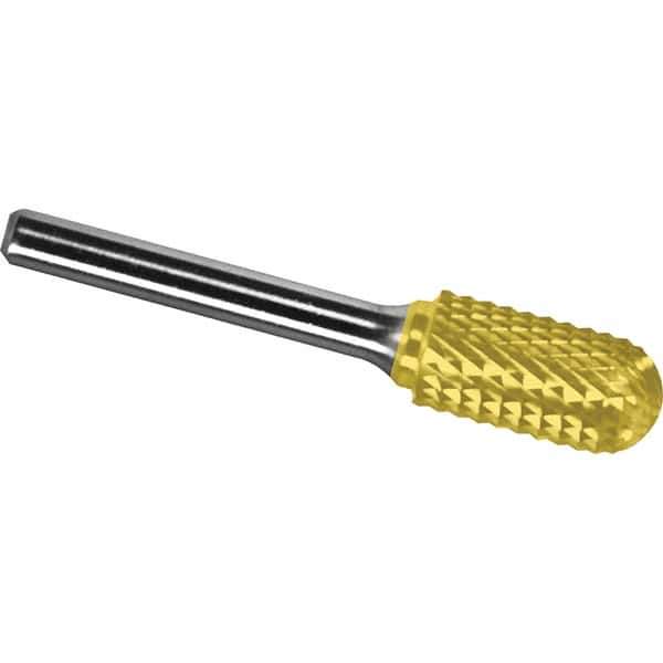 Made in USA - 1" Cut Diam, 0.2362" Shank Diam, Cylinder with Radius Head Diamond Cut Burr - Carbide, 25mm LOC, 69mm OAL - USA Tool & Supply