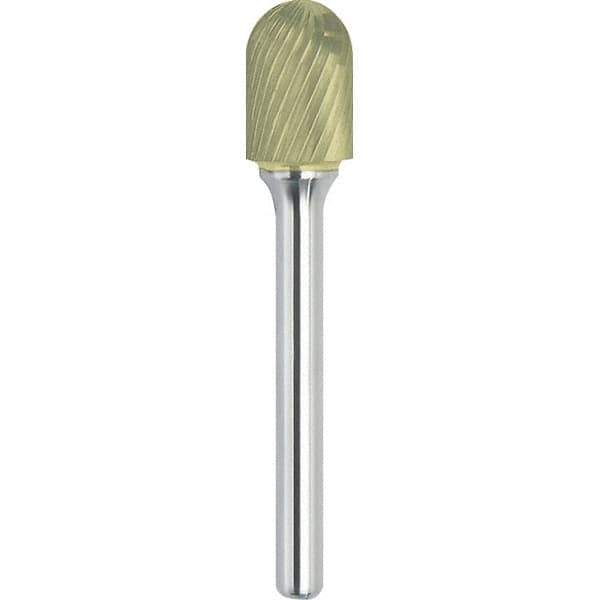 Made in USA - 1/4" Cut Diam, 1/8" Shank Diam, Cylinder with Radius Head Single Cut Burr - Carbide, 1/2" LOC, 2" OAL - USA Tool & Supply