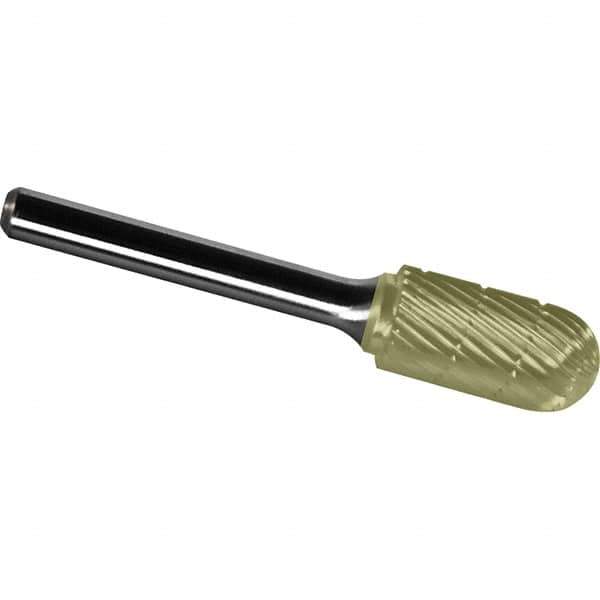 Made in USA - 3/8" Cut Diam, 1/4" Shank Diam, Cylinder with Radius Head Chipbreaker Cut Burr - Carbide, 1-1/2" LOC, 3-1/4" OAL - USA Tool & Supply