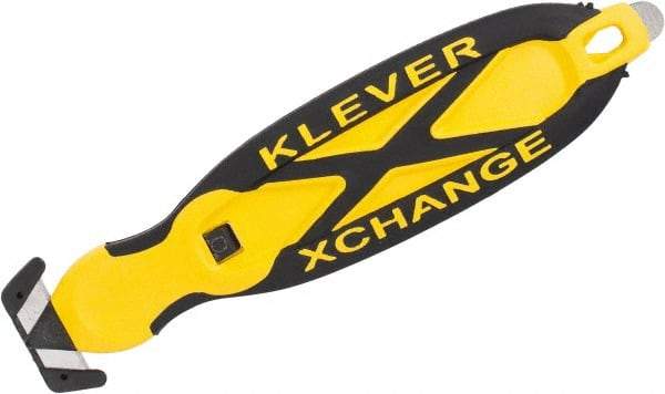 Klever Innovations - Recessed/Hook Blade Box Cutter - 5-3/4" Carbon Steel Blade, Yellow Plastic Handle, 2 Blades Included - USA Tool & Supply