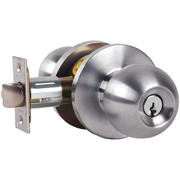 Falcon - 1-3/8 to 1-7/8" Door Thickness, Satin Chrome Entrance Knob Lockset - 2-3/4" Back Set, Stainless Steel, 6 Pin C Keyway Cylinder - USA Tool & Supply