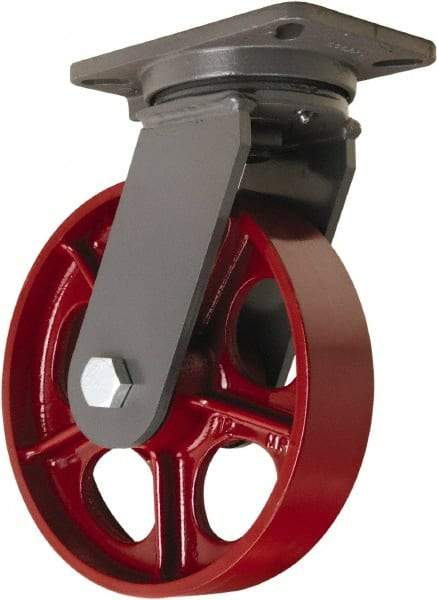 Hamilton - 10" Diam x 2-1/2" Wide x 12-1/2" OAH Top Plate Mount Swivel Caster - Cast Iron, 2,500 Lb Capacity, Tapered Roller Bearing, 5-1/4 x 7-1/4" Plate - USA Tool & Supply