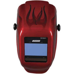 Jackson Safety - 2.36" Window Width x 3.93" Window Height, 9 to 13 Shade Auto-Darkening Lens, Fixed Front Welding Helmet - Red Flames Design, Thermoplastic Green Lens - USA Tool & Supply