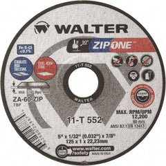 WALTER Surface Technologies - 5" Zirconia Alumina Cutoff Wheel - 1/32" Thick, 7/8" Arbor, 12,200 Max RPM, Use with Angle Grinders - USA Tool & Supply