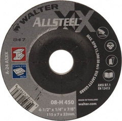 WALTER Surface Technologies - 24 Grit, 4-1/2" Wheel Diam, 1/4" Wheel Thickness, 7/8" Arbor Hole, Type 27 Depressed Center Wheel - Aluminum Oxide, 13,300 Max RPM - USA Tool & Supply