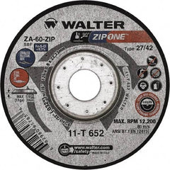WALTER Surface Technologies - 60 Grit, 4-1/2" Wheel Diam, 1/32" Wheel Thickness, 7/8" Arbor Hole, Type 27 Depressed Center Wheel - Zirconia Alumina, Resinoid Bond, 13,300 Max RPM - USA Tool & Supply