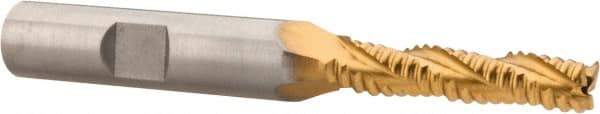Hertel - 1/4" Diam, Coarse Pitch, 5/16" LOC, 3 Flute Cobalt Roughing Square End Mill - TiN Finish, 1/8" OAL, 3/8" Shank Diam, Single End, Centercutting, 30° Helix - USA Tool & Supply