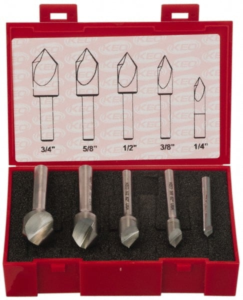 Keo - 5 Piece, 1/4 to 3/4" Head Diam, 100° Included Angle, Single End Countersink Set - USA Tool & Supply