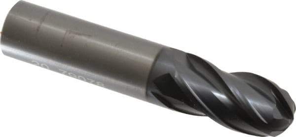 OSG - 20mm Diam, 38mm LOC, 4 Flute Solid Carbide Ball End Mill - TiAlN Finish, Single End, 102mm OAL, 20mm Shank Diam, Spiral Flute - USA Tool & Supply