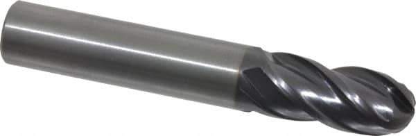 OSG - 12mm Diam, 25mm LOC, 4 Flute Solid Carbide Ball End Mill - TiAlN Finish, Single End, 76mm OAL, 12mm Shank Diam, Spiral Flute - USA Tool & Supply
