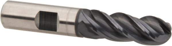 OSG - 1/2" Diam, 1" LOC, 4 Flute Solid Carbide Ball End Mill - TiAlN Finish, Single End, 3" OAL, 1/2" Shank Diam, Spiral Flute - USA Tool & Supply
