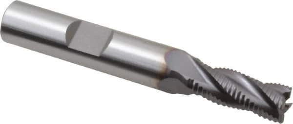 OSG - 5/16" Diam, Fine Pitch, 3/4" LOC, 4 Flute Cobalt Corner Chamfer Roughing End Mill - TiCN Finish, 2-1/2" OAL, 3/8" Shank Diam, Single End, Centercutting, 30° Helix - USA Tool & Supply