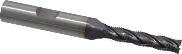 OSG - 1/4" Diam, Fine Pitch, 1-1/4" LOC, 4 Flute Cobalt Corner Chamfer Roughing End Mill - TiCN Finish, 3-1/8" OAL, 3/8" Shank Diam, Single End, Centercutting, 30° Helix - USA Tool & Supply