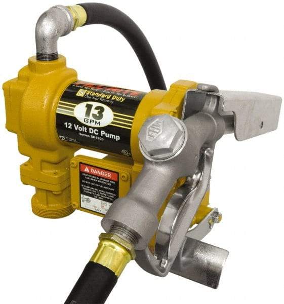 Tuthill - 13 GPM, 3/4" Hose Diam, DC Tank Pump with Manual Nozzle - 1" Inlet, 3/4" Outlet, 12 Volts, 10' Hose Length, 1/4 hp - USA Tool & Supply