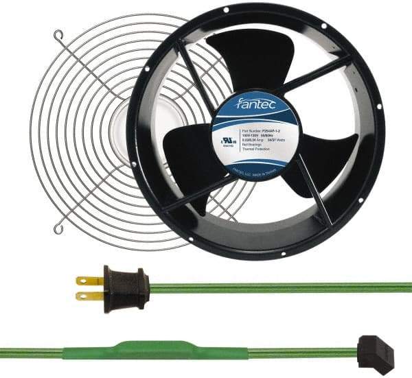 Made in USA - 115 Volts, AC, 600 CFM, Round Tube Axial Fan Kit - 0.22/0.24 Amp Rating, Includes Fan, Fan Guard, 254mm High x 254mm Wide x 89mm Deep, Thermostatically Controlled Fan Cord - USA Tool & Supply